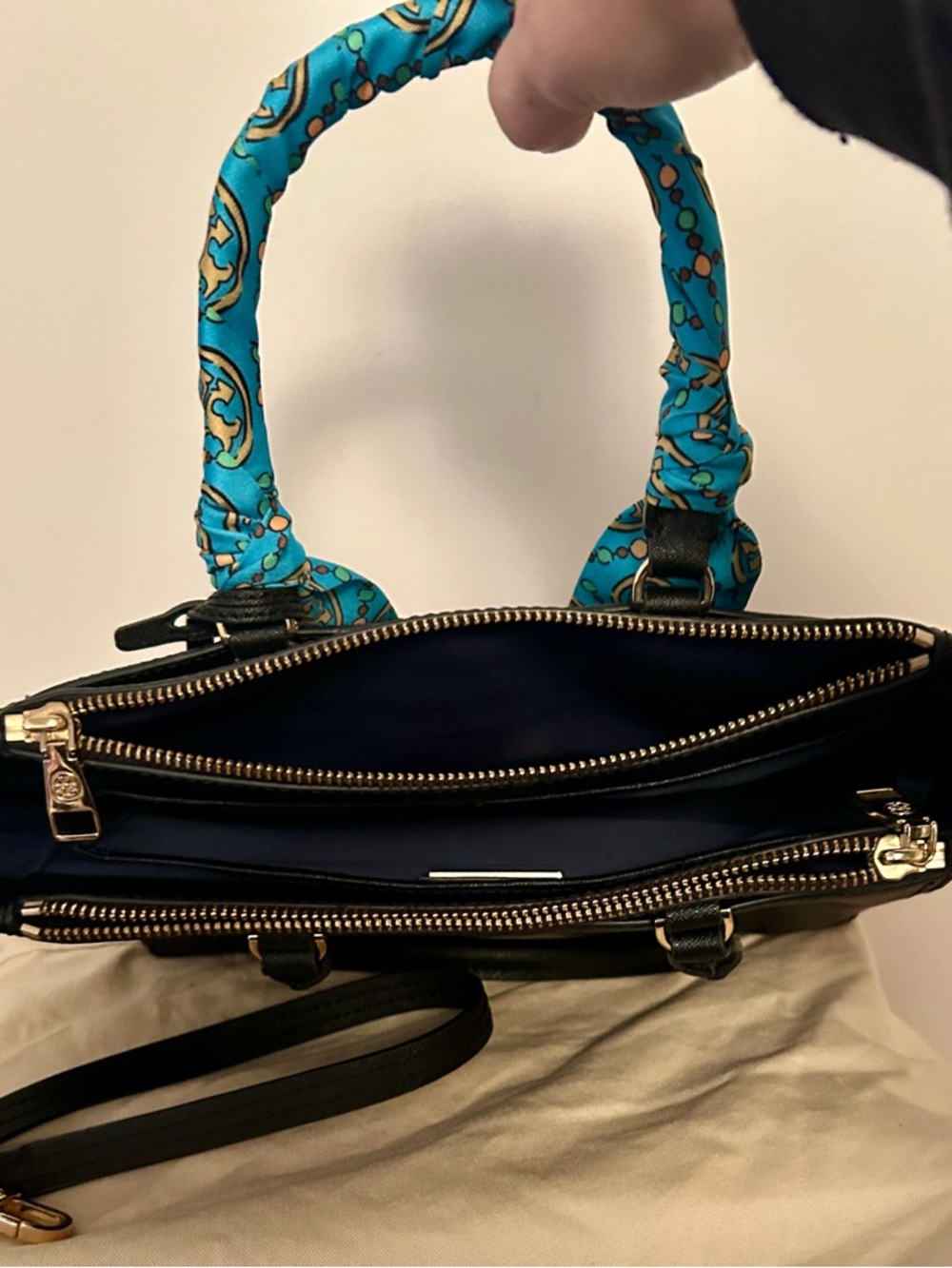 Tory Burch dark Navy Leather Satchel with Turquoise Scarf-Wrapped Handle - Picture 5 of 8